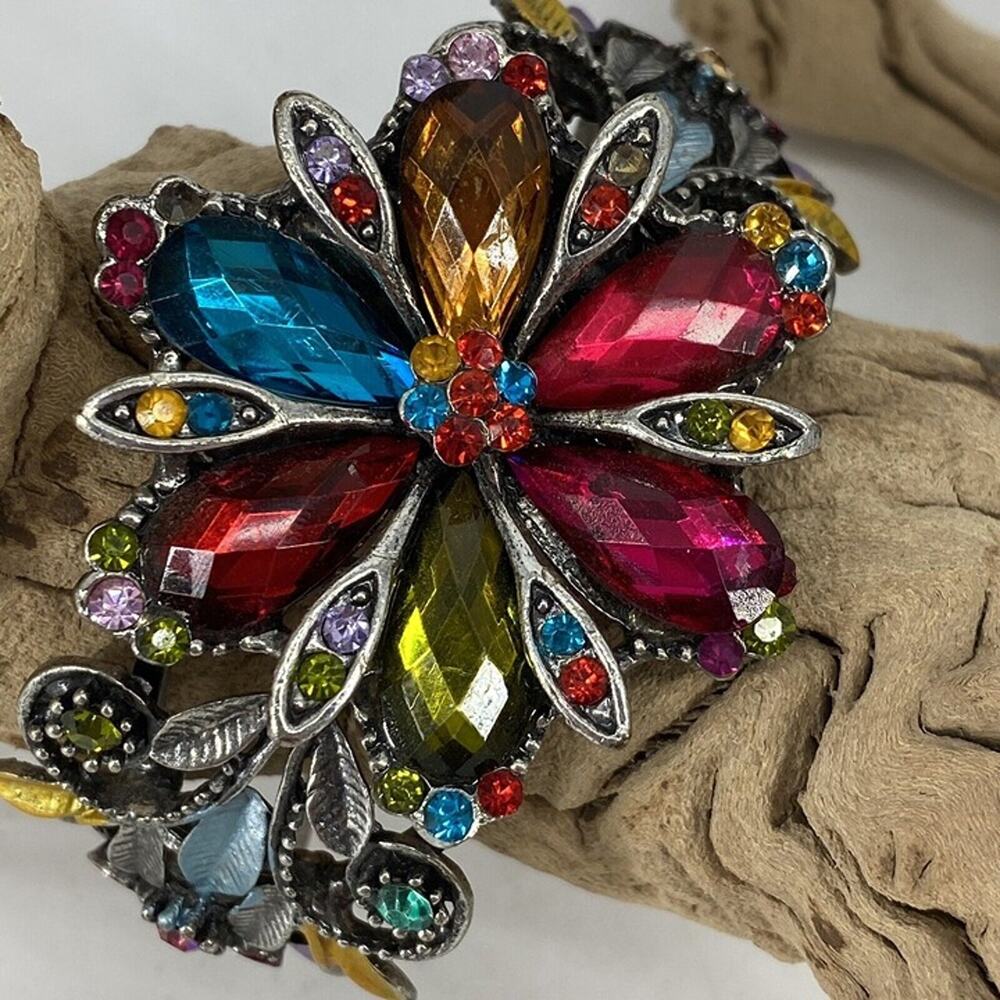 Silver And Rhinestone Floral Bangle. Hinged. Multicolored. Butterfly. Big. - Picture 2 of 7